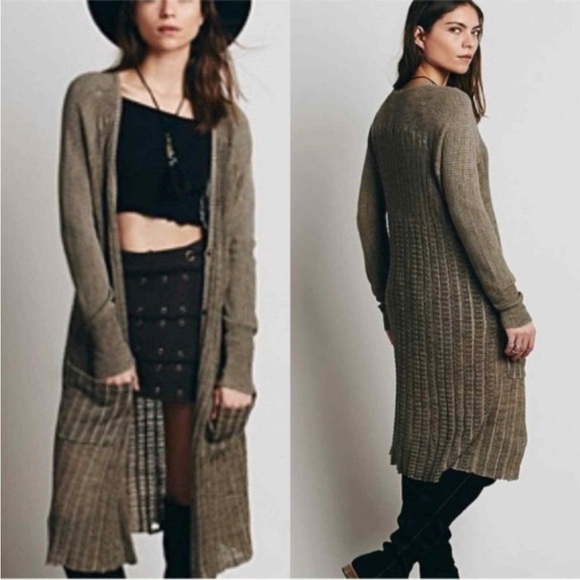 Free People Shadow Stripe Snap Button Duster Cardigan Taupe Beige Large - Picture 12 of 12